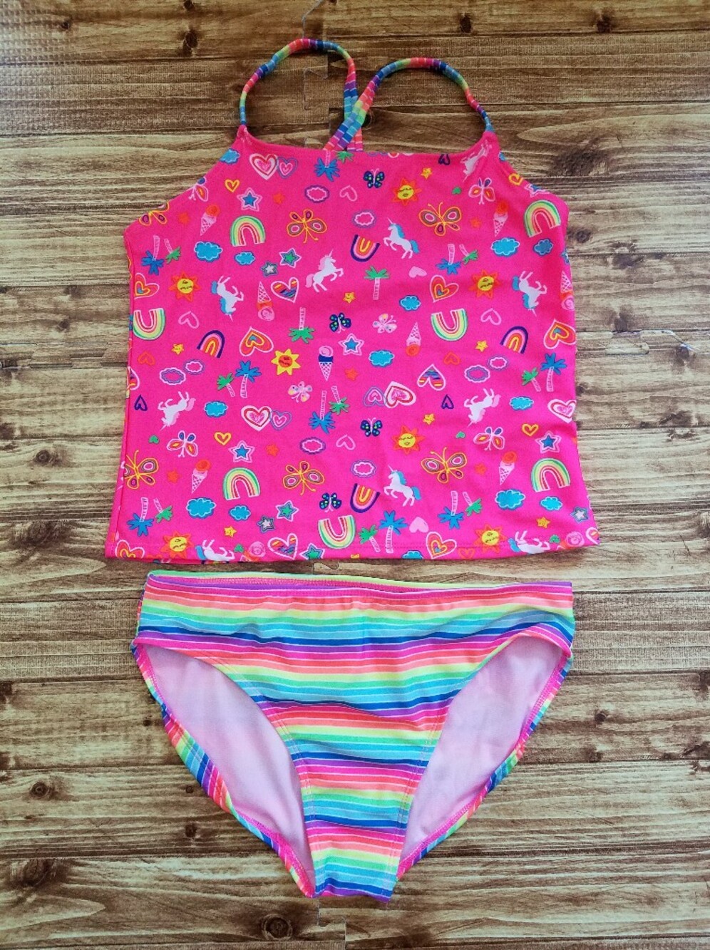 Wonder Nation Girls XL 14-16 Pink Unicorn Tankini Rainbow Swimsuit Set